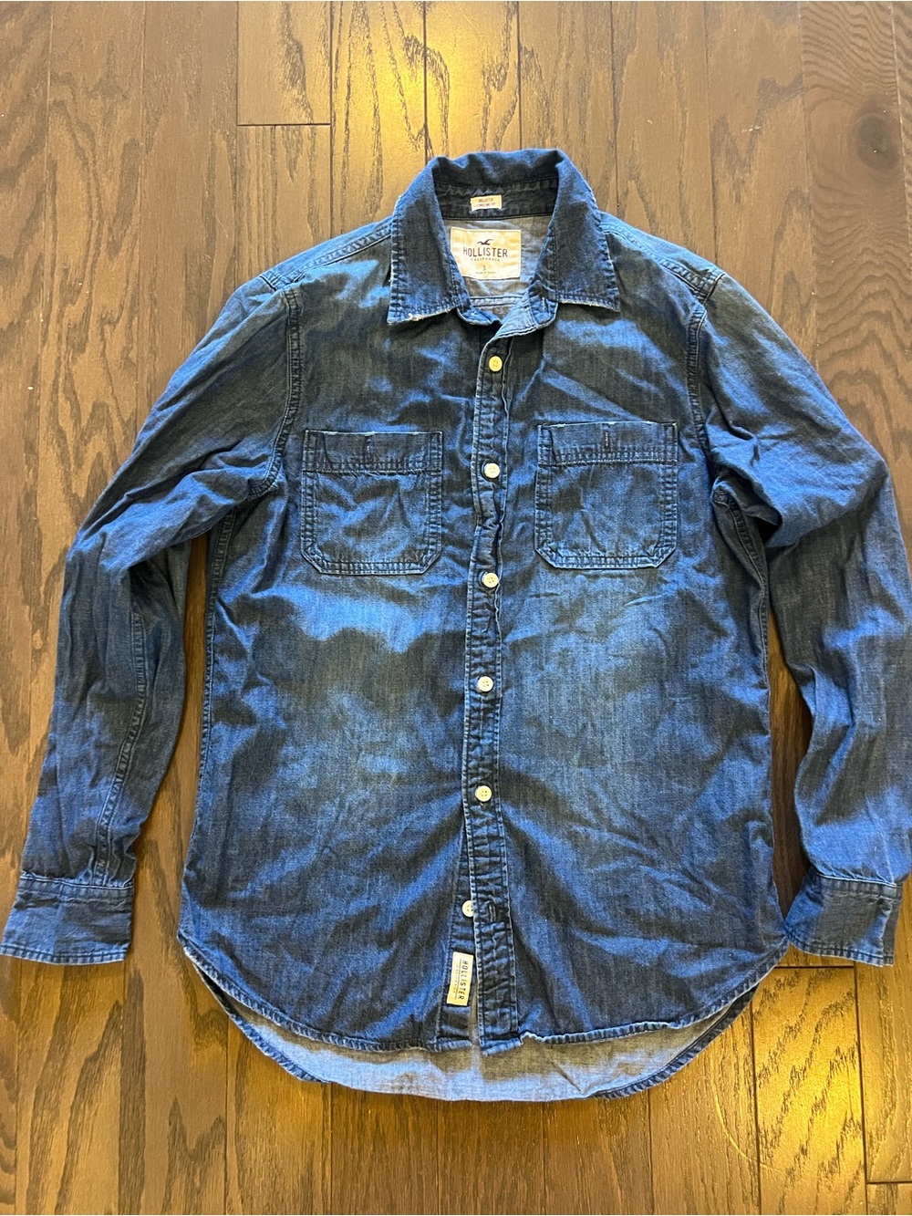 Hollister Longline Denim Shirt Checkerboard Graphic Back Small S Unisex Shacket